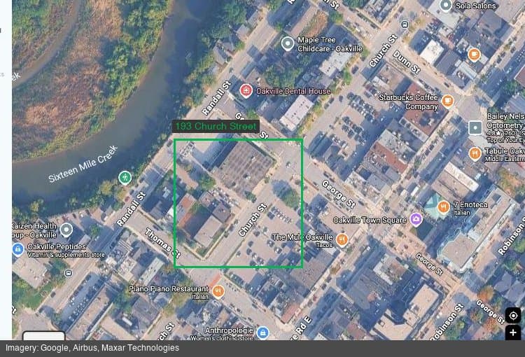 Satellite view of the 193 Church Street site in downtown Oakville where the new Central Library will be built