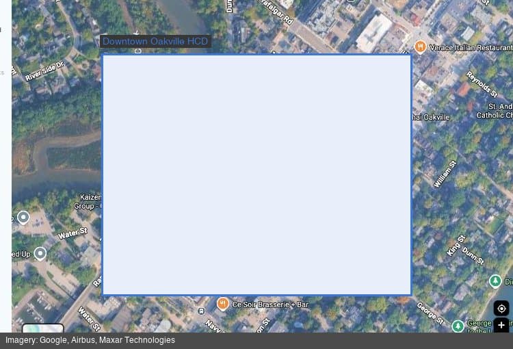 Satellite view of downtown Oakville's Heritage Conservation District along Lakeshore Road and George Street