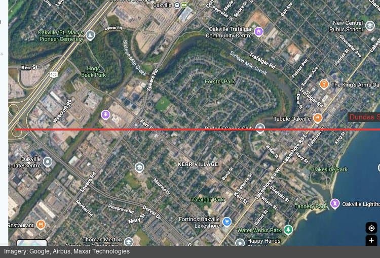 Satellite view of the Dundas Street corridor through Oakville, with the transit route marked in red
