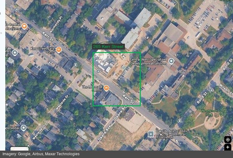 Satellite view of 265 Kerr Street in Oakville's Kerr Village, showing the supportive-housing building site
