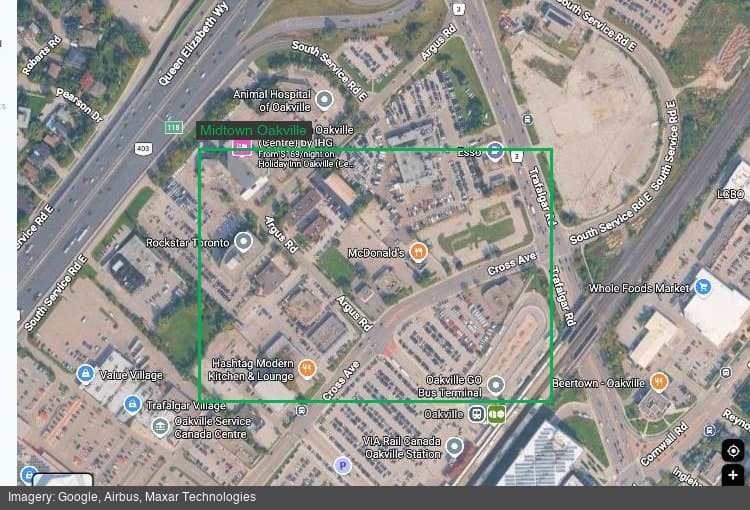 Satellite view of the Midtown Oakville area around Oakville GO Station, showing the development sites along Cross Avenue and Argus Road