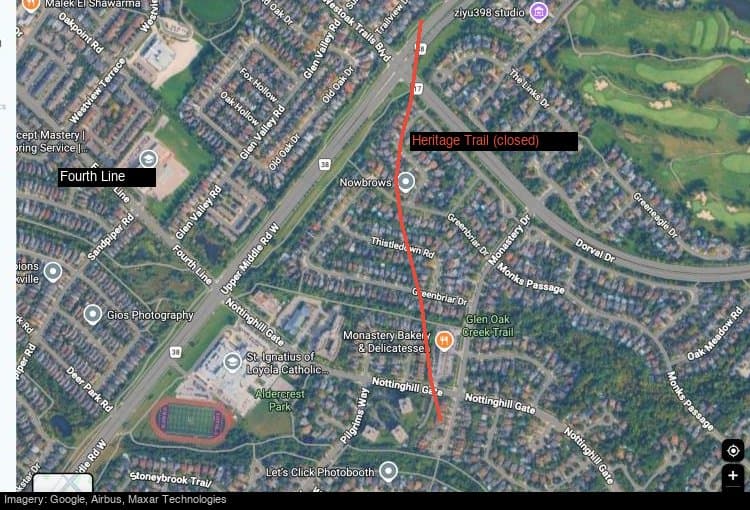 Satellite view of the Sixteen Mile Creek Heritage Trail area near Fourth Line in Oakville, with the trail path marked in red