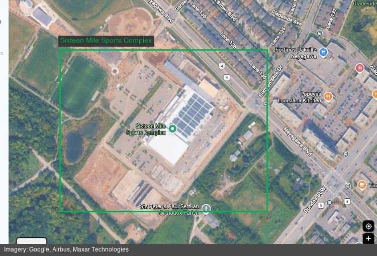 Satellite view of the Sixteen Mile Sports Complex on Neyagawa Boulevard in north Oakville, showing the expanded facility