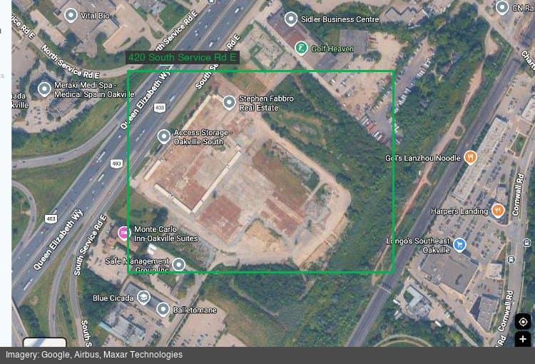 Satellite view of the former GE site at 420 South Service Road East in Midtown Oakville