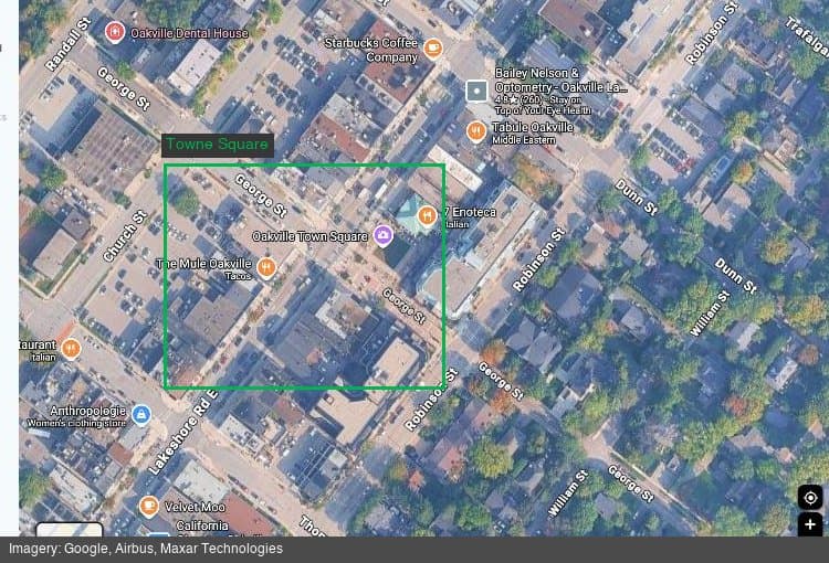 Satellite view of Towne Square in downtown Oakville, showing the public gathering space under reconstruction