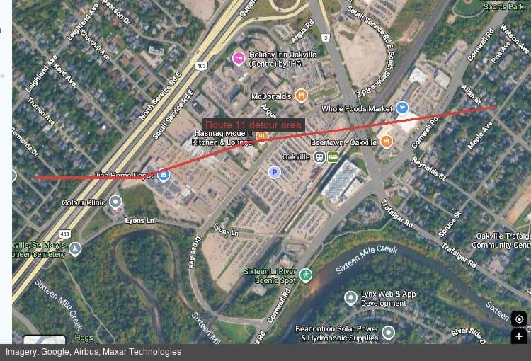 Satellite view of the Oakville transit corridor near Trafalgar Road and the QEW, showing the area affected by Route 11 detours