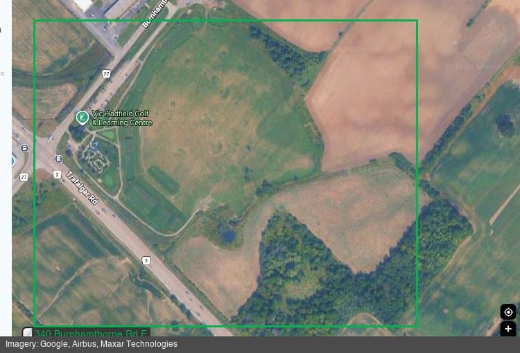 Satellite view of the Westerkirk development site at the southeast corner of Trafalgar Road and Burnhamthorpe Road East in north Oakville