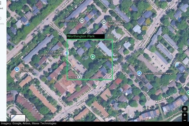Satellite view of Worthington Park in Bronte, Oakville, showing the green space bordered by Worthington Drive and Marine Drive