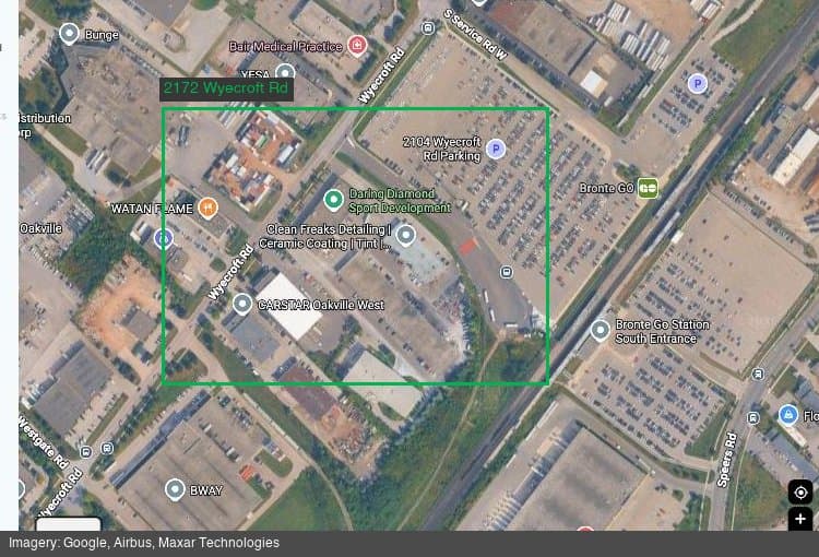 Satellite view of the 2172 Wyecroft Road development site beside Bronte GO Station in Oakville